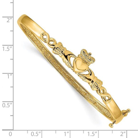 4mm 14k Yellow Gold Solid Claddagh Hinged Bangle Bracelet - Picture 4 of 5